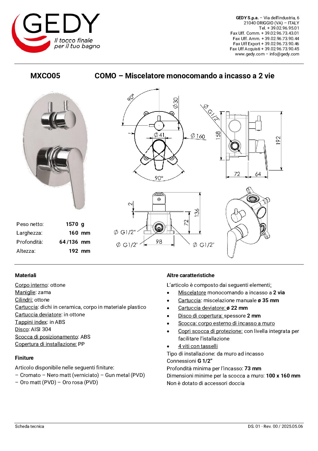 Gedy Como Bateria Natryskowa Podtynkowa Chrom MXCO05-13 - obrazek 2