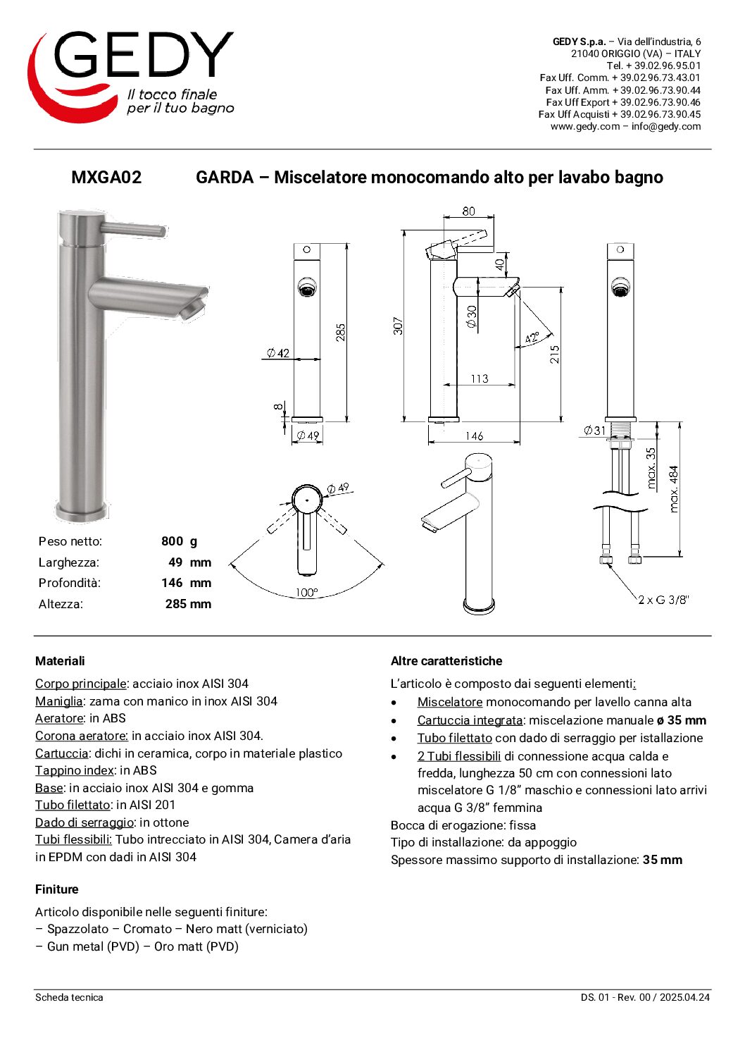 Gedy Garda Bateria Umywalkowa Wysoka Chrom MXGA02-13 - obrazek 2